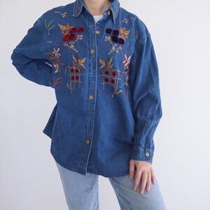 Vintage Dress Barn Embroidered Harvest Floral Wood Button Blue Denim Shirt 1X